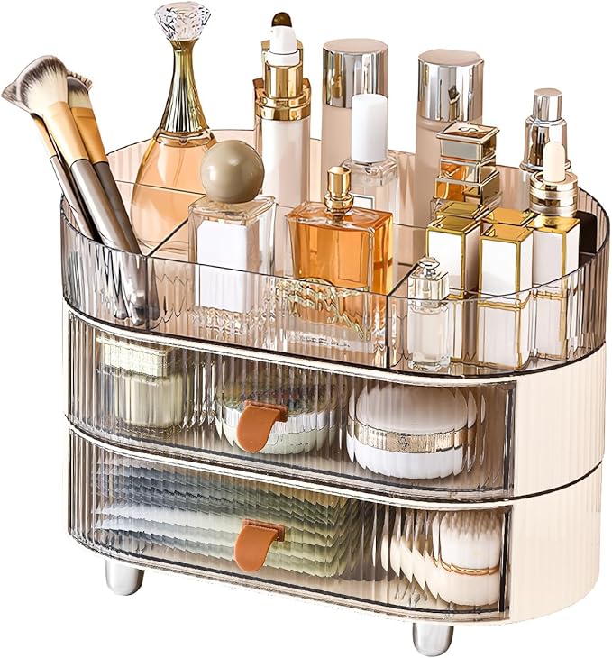 DASITON Makeup Organizer with Drawer,6 Slots Stackable Makeup Brush Holder,Skincare and Cosmetic Organizer for Bathroom Vanity Countertop Makeup Storage for Cosmetics,Brushes,Lipstick and Jewelry