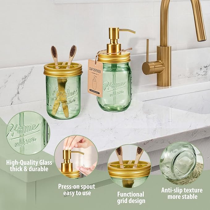 SheeChung Green Bathroom Accessories Set, 6Pcs Mason Jar Glass Bathroom Set, Lotion Soap Dispenser, Toothbrush Holder, Qtip Holder, Soap Dish, Metal Wire Basket, Rustic Farmhouse Bathroom Decor-Gold
