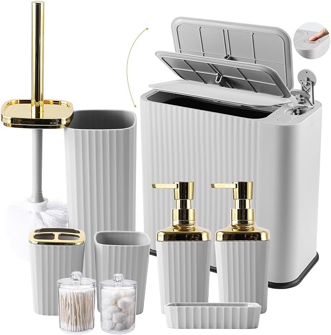 XLHOMO 9-Piece Light Gray Bathroom Accessories Set - Modern Vertical Stripe Decor with Slim Wastebasket, Soap Dispenser & Toothbrush Set - Neutral Bath Organization Kit