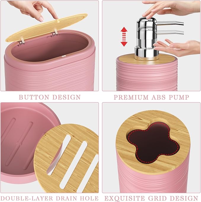XLHOMO Pink Bathroom Set - 10PC Bathroom Accessories Set, Luxury Bathroom Accessory Set with Trash Can,Toilet Brush & 2 PC Soap Dispensers for Apartment Decor and Housewarming