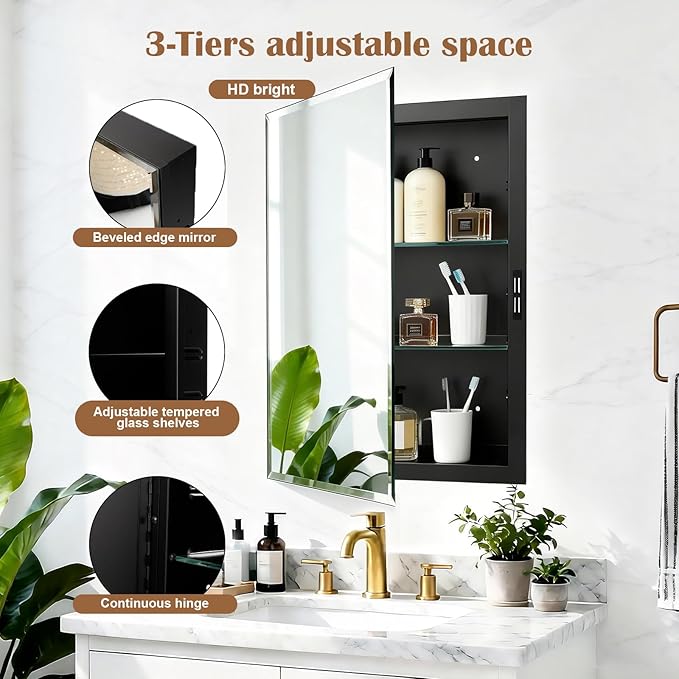 16x20'' Bathroom Medicine Cabinet Mirror with Storage, Surface Mount or Recessed Medicine Cabinet with 3-Tiered Adjustable Tempered Glass Shelves