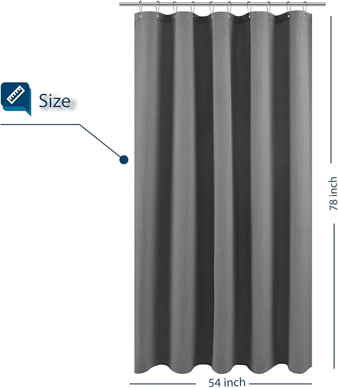 Stall Fabric Shower Curtain Waffle Weave 54 Wide by 78 Long, Hotel Luxury Spa, Water Repellent, Machine Washable, 230 GSM Heavy Duty, Spa, Gray Pique Pattern Decorative Bathroom Curtain