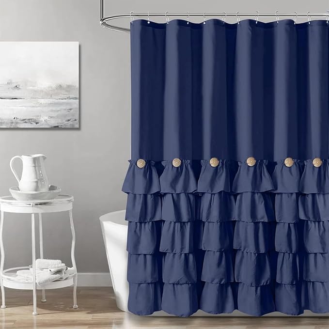 Seasonwood Navy Blue Shower Curtain for Bathroom Ruffle Shower Curtain 72 X 72 Inches Farmhouse Shower Curtains with Buttons & Blue Ruffles