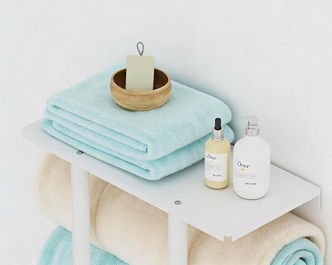 Towel Rack with Shelf and 3 Hooks, Bethom Towel Holders for Bathroom Wall Mounted, Metal White Towel Racks can Hold 3 Large Bath Sheets Blanket