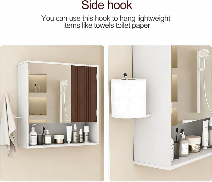 Bathroom Wall Cabinet With Mirror,wall mounted bathroom cabinet,Medicine Cabinet with 2 Door ,Side Hook,Light and Adjustable Shelves,White Cabinet with Wood Grain,Over The Toilet Space Saver Cabinet.