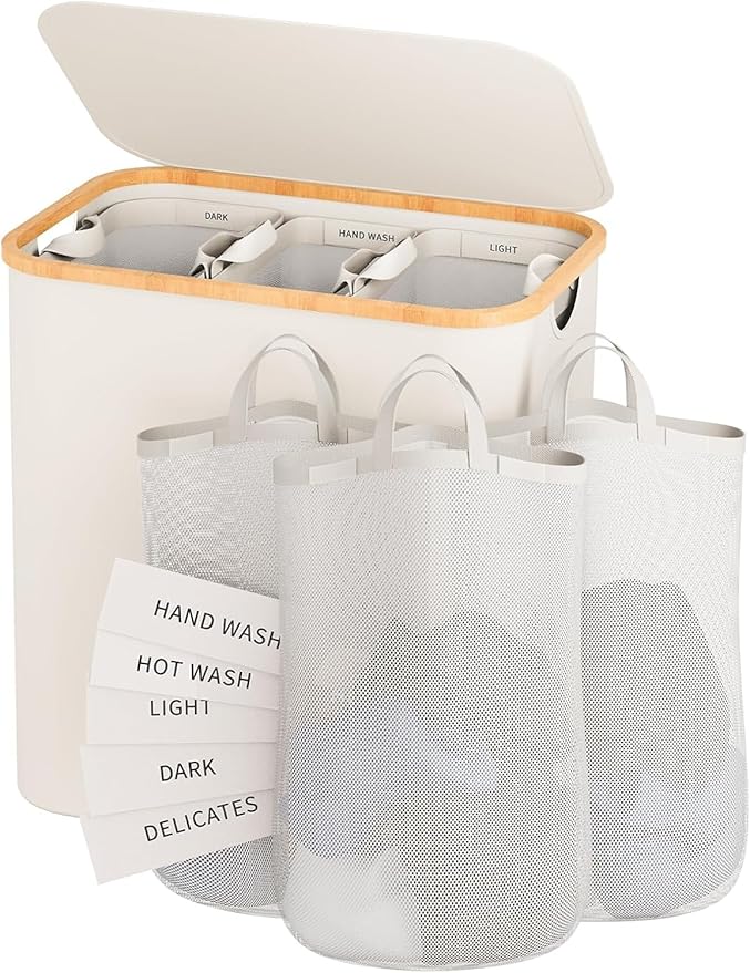 Laundry Hamper with Lid, 160L Dirty Clothes Hamper for Laundry Basket 3 Section, Extra Large Laundry Sorter Hamper 3 Compartment with Removable Inner Bags & Labels, Beige