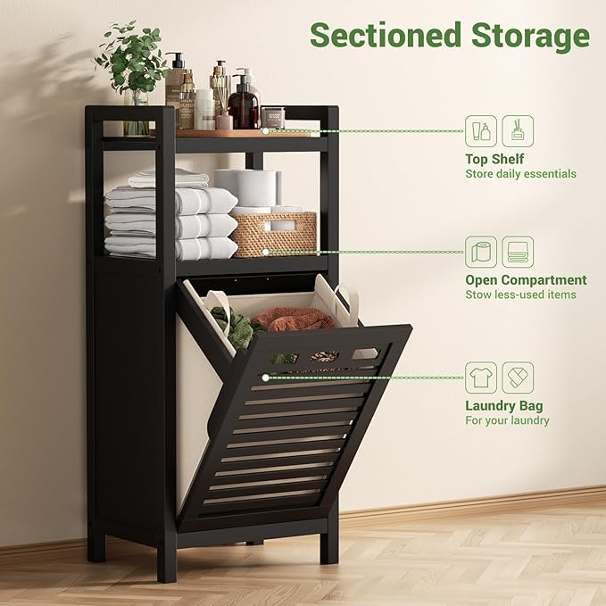 Homykic Tilt Out Laundry Hamper, 10 Gal Bamboo Laundry Storage Cabinet with Removable Basket, Hidden Hamper Organizer with Shelf for Dirty Clothes, Bathroom, Laundry Room, Space Saving, Black