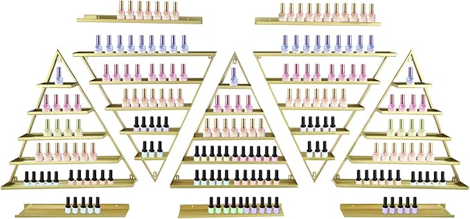 10 Pcs Nail Polish Organizer Rack Wall-Mounted Acrylic Nail Polish Rack - 5 Multi-Tier Triangular Racks and 5 Horizontal Bars for Home, Cosmetics Stores and Beauty Shops (Gold)