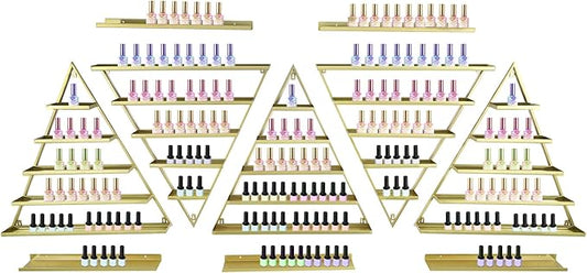 10 Pcs Nail Polish Organizer Rack Wall-Mounted Acrylic Nail Polish Rack - 5 Multi-Tier Triangular Racks and 5 Horizontal Bars for Home, Cosmetics Stores and Beauty Shops (Gold)