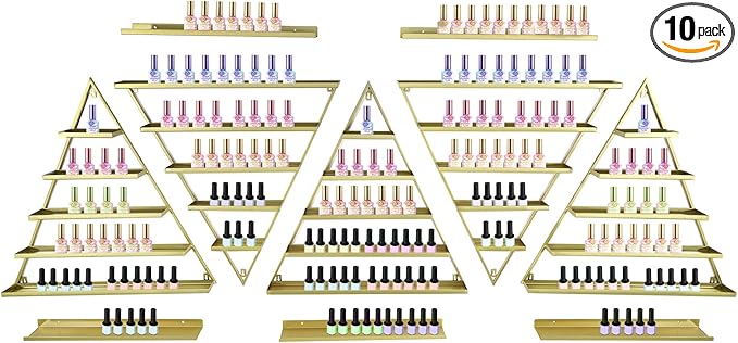 Metal Nail Polish Rack for Nail Salon, 5 Tiers Nail Polish Rack, 10PCS Triangular Perfume Holder, Lipstick Perfume Wall Shelf for Spa Nail Salon Shop Home (Gold)