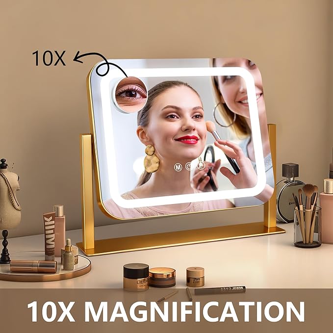 Ratsamee Gold Vanity Mirror with Lights 14"×12", Led Makeup Mirror, Lighted Makeup Mirror with 3 Color Dimmable Lights, Smart Touch Screen Control, 360°Rotation