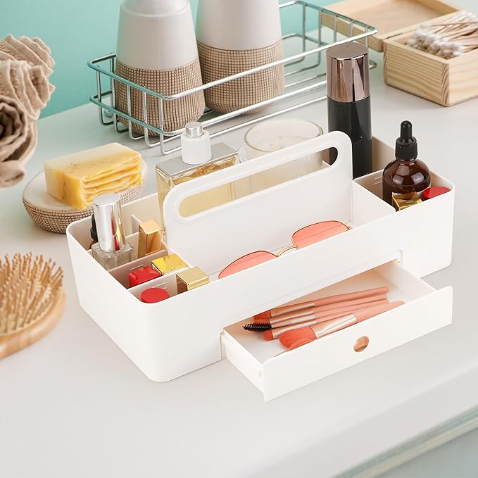 Multipurpose Caddy Organizer with Handle -8 Compartments and 1 small drawer - Art Craft Supplies, Office, Desk, Stationery Pen Holder, Makeup, Bathroom, Shower, Cleaning, Dorm Organizer - White