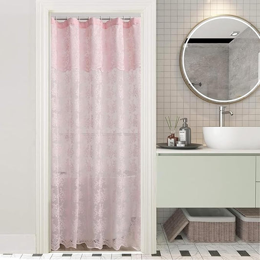 Pink Half Shower Curtain with Attached Valance 36 x 72 inches Cute Floret Girly Shower Curtain Pretty Stall Size Lace Bath Curtain for the Bathroom Pink Bohemian/ Modern Farmhouse Bathroom Decor