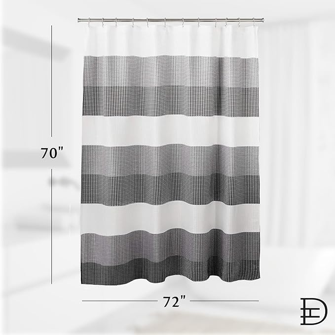 Dainty Home Ombre Waffle Weave Shower Curtain 70 x 72 Black Textured Fabric Shower Curtain, Hotel Style Waffle Weave Bathroom Curtain, Water Resistant Polyester Ombre Shower Curtain