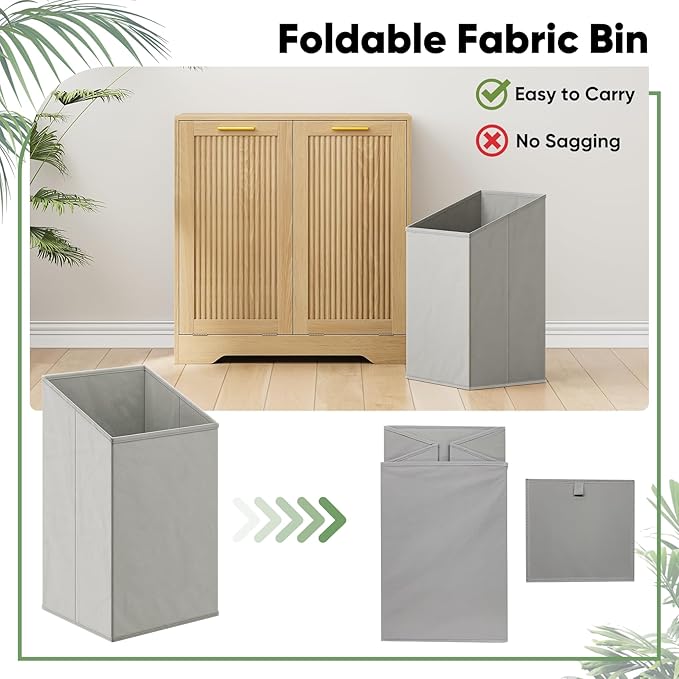 Smuxee Double Tilt Out Laundry Hamper Cabinet, Hidden Laundry Cabinet with Double Baskets, Natural Trash Can with Small Fluted Doors for Bathroom, Kitchen