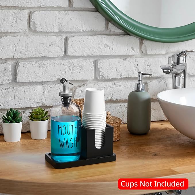 Glass Mouthwash Dispenser for Bathroom, 16 OZ Mouthwash Dispenser with Pour Spout and Wood Cup Holder and Tray, Mouth Wash Bottle Container, Black Kitchen Bathroom Decor and Accessories
