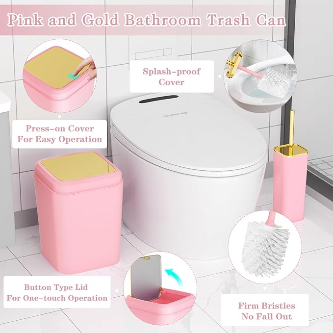 XLHOMO Bathroom Accessories Set - Luxury Pink Bathroom Set, 9 Pieces Bathroom Accessory Set, Pink Bathroom Accessories with Trash Can, Toilet Brush & Soap Dispenser
