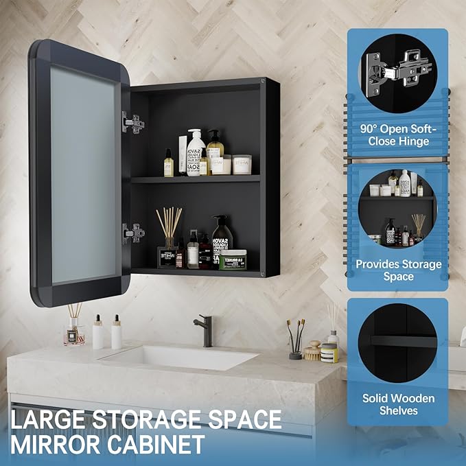 24x16 Inch Bathroom Medicine Cabinet Black, Wall Mounted Bathroom Medicine Cabinets or Recessed Mirror Cabinet Rounded Rectangle Medicine Cabinets