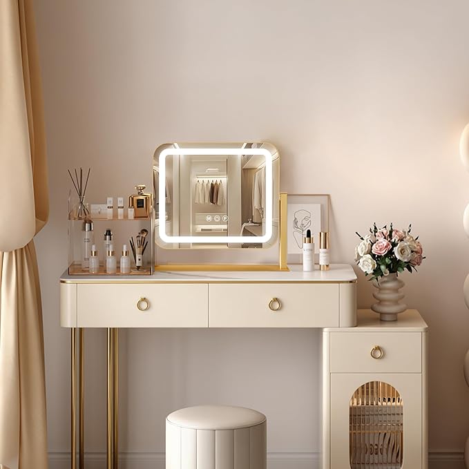 Ratsamee Gold Vanity Mirror with Lights 14"×12", Led Makeup Mirror, Lighted Makeup Mirror with 3 Color Dimmable Lights, Smart Touch Screen Control, 360°Rotation