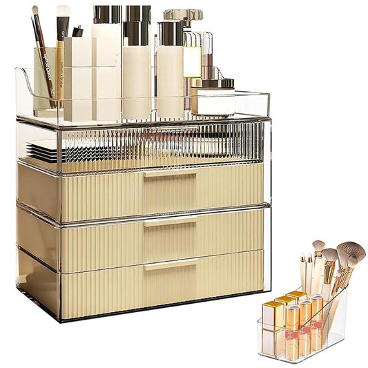 DASITON Cream Dustproof Four layers Storage Box,Makeup Brush Holder,Large Capacity Desktop Storage Box with Drawer,for Beauty Products,Perfume,Jewelry,Nail Polish