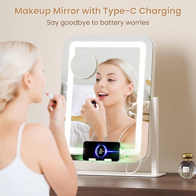 Dripex 5-in-1 Lighted Vanity Mirror with Bluetooth Speaker & Type-C Charging, 15"x12" LED Makeup Mirror with Lights 3 Colors Dimmable, Phone Holder Touch Keys 10X Magnification