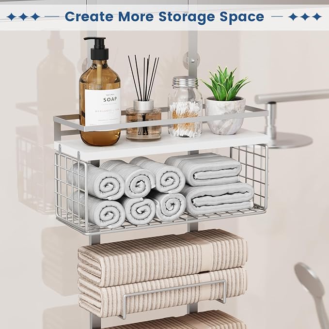 Aetyord Towel Racks for Bathroom Over The Door Towel Racks Towel Storage Organizer with Metal Shelf Basket for Bathroom Rv Camper (7-Tier Silver)