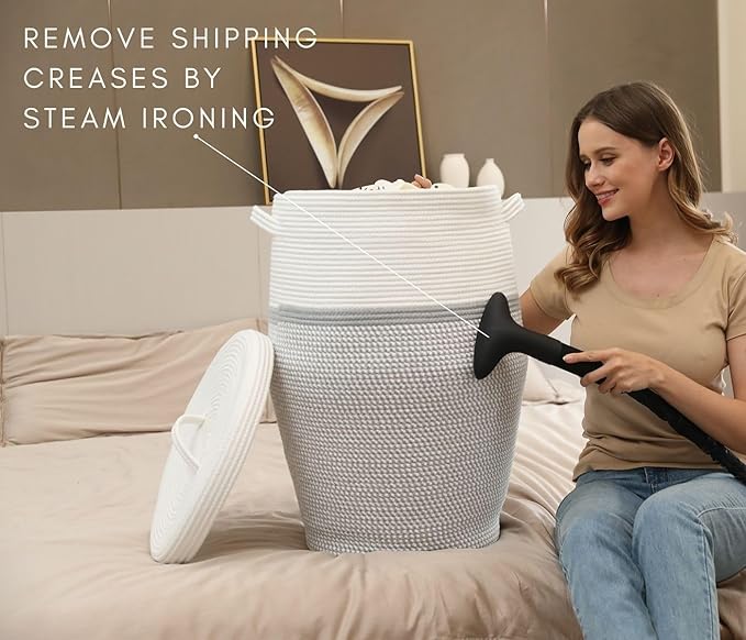 26" x 20" Handcrafted Tall Cotton Rope Basket with Lid, Stylish Flagon Shape with Cover, Clothes Hamper with Top, for Bedroom and Living Room, White/Grey Mix