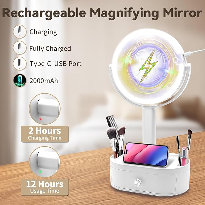 SANYCASA Makeup Mirror with Lights, Lighted Makeup Mirror with Magnification, 80 LED Vanity Mirror with Lights, 3 Color Modes & Stepless Dimming, Shatterp roof & Stable Base