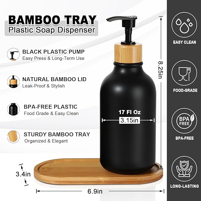 KASUNTING Hand and Dish Soap Dispenser Set, Plastic Kitchen Soap Dispenser Set with Bamboo Tray, 17 Fl Oz Black Soap and Lotion Dispensers Sets with 4 Pack Labels for Kitchen & Bathroom Countertop