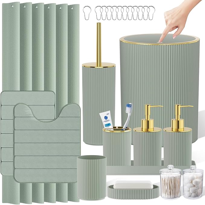 Sage Green and Gold Bathroom Accessories Set - Bathroom Sets, 25PC Bath Accessory Set, Bathroom Sets with Push Top Trash Can, Shower Curtain and Rugs, Toilet Brush, Trash Can & Soap Dispenser