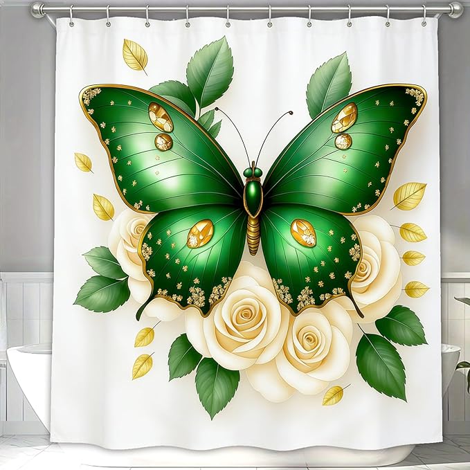 Dreamrflove Butterfly Shower Curtain, 1 Itembutterfly Shower Curtains for Bathroom, Green Butterfly Floral Shower Curtain, 72x72 Inch Waterproof Polyester Insulated Home Decor