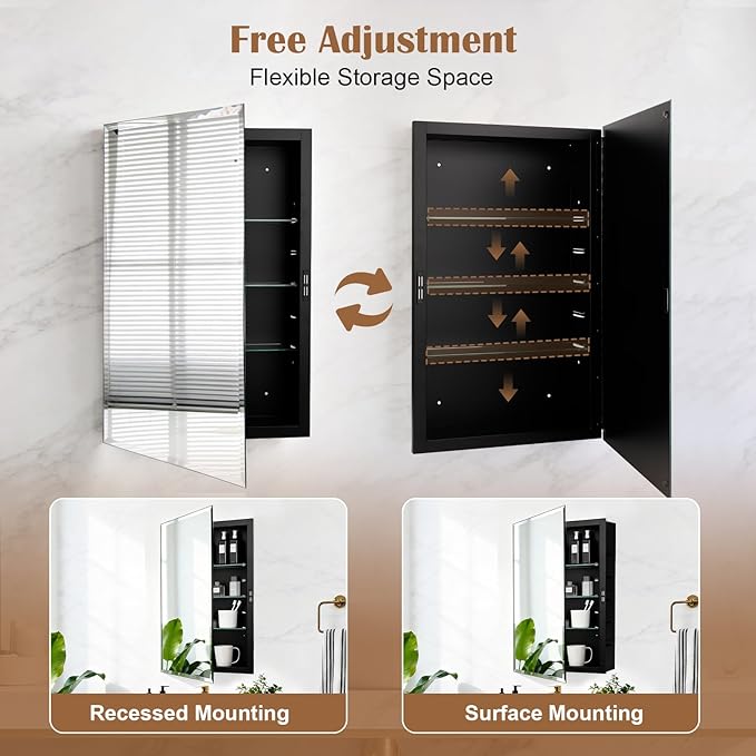 16x26'' Bathroom Medicine Cabinet Mirror with Storage, Surface Mount or Recessed Medicine Cabinet with 4-Tiered Adjustable Tempered Glass Shelves