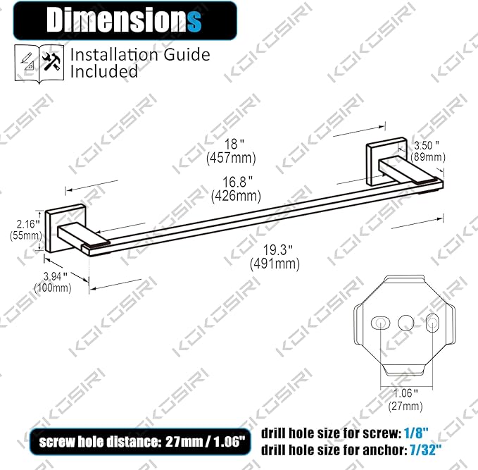KOKOSIRI 20 Inch Bath Towel Bars Bathroom Towel Racks Towel Holder Towel Rods Kitchen Towel Hanger Bathroom Accessories Stainless Steel Wall Mounted Polished Chrome B4006CH-L20