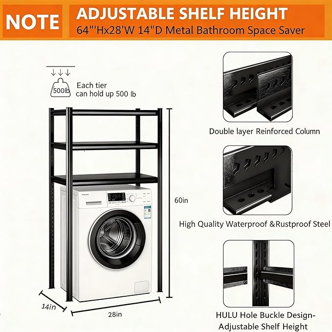 Over Toilet Storage Shelves, 5 Tier Adjustable Steel Shelf, Freestanding Metal Bathroom Space Saver, Waterproof&Rustproof Oraganizer with Reinforced Columns, Ideal for Laundry Bathroom, 28Wx14Dx60H