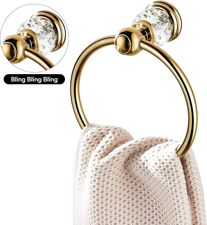 Crystal Towel Ring,Gold Hand Towel Holder Bathroom,Round Hand Towel Rack Wall Mounted Bling Bathroom Accessories