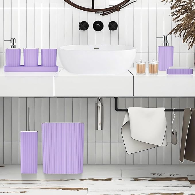 XLHOMO Bathroom Accessories Set - Gorgeous Purple Bathroom Set, 10PC Bathroom Accessory Set, Toilet Brush, Trash Can & Soap Dispenser