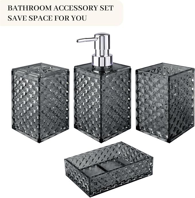 Bathroom Accessory Set, Grid Pattern 4 Pcs Plastic Bathroom Set Include Soap Dispenser, Soap Dish, Toothbrush Holder, Mousewash Cup, Modern Bahtroom D??cor Set, Space Save for Bathroom((Grey)