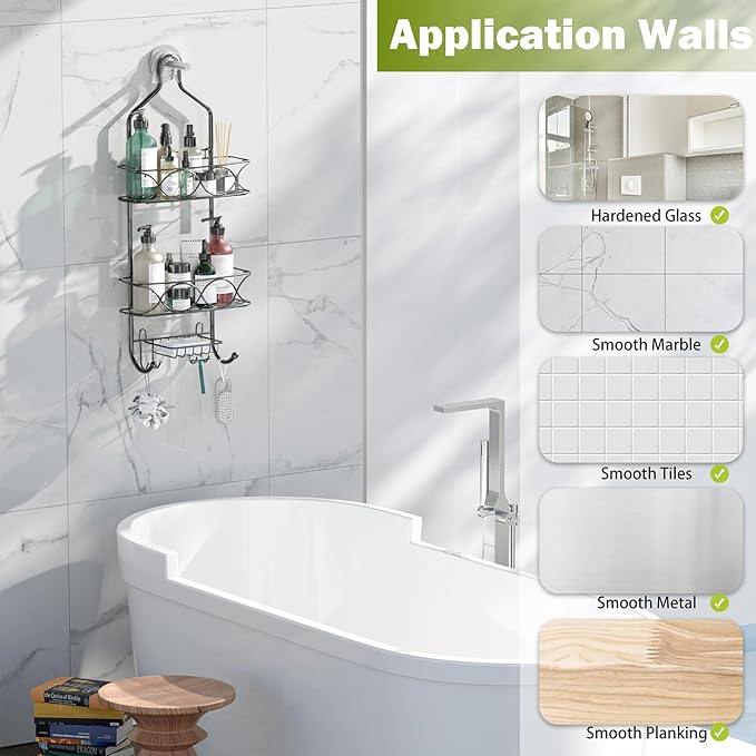 Aluminum Shower Caddy Hanging for Handheld Showerheads, Never Rust Shower Organizer with Hooks Holder Toothbrush Holder，Over Showerhead Caddy for Bathroom
