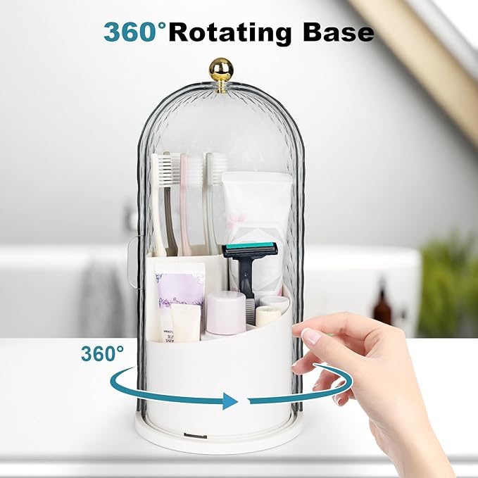 QIYVLOS Toothbrush Holders with Sliding Lid, Rotating 3 Slots Bathroom Organizer Countertop, Tooth Brush Toothpaste Holder Bathroom Counter Stand Caddy for Vanity Makeup Brushes Holder (White)