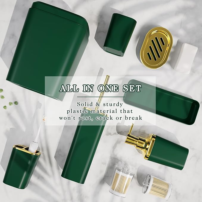 XLHOMO Bathroom Accessories Set - Luxury Green Bathroom Set, 9 Pieces Bathroom Accessory Set, Dark Green Bathroom Accessories with Trash Can, Toilet Brush & Soap Dispenser