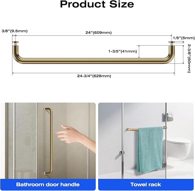 Ranbo Glass Shower Door Towel Bar 24 Inch Stainless Steel Sliding Shower Door Handle Replacement with Satin Gold Finish for Commercial and Residential Glass Doors