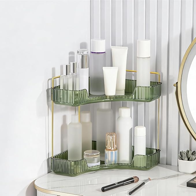 Multi-Tier Corner Countertop Organizer Rack, Makeup Organizers for Vanity, Practical Shelf for Toiletries and Accessories, Corner Counter Storage for Bathroom Dresser (Green-2Tier)