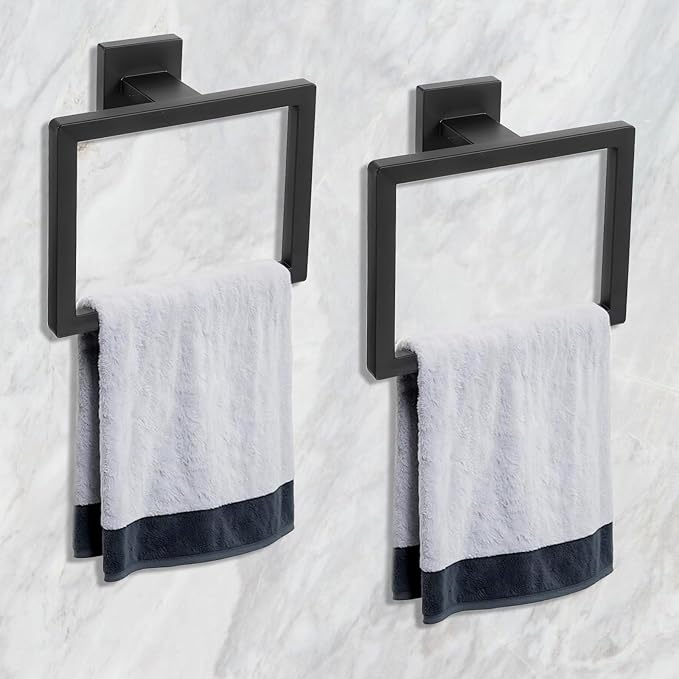 Hand Towel Ring Shower Towel Hanger 2PC Bath Towel Holder Bathroom Lavatory Stainless Steel Wall Mount 2 Pack, Matte Black