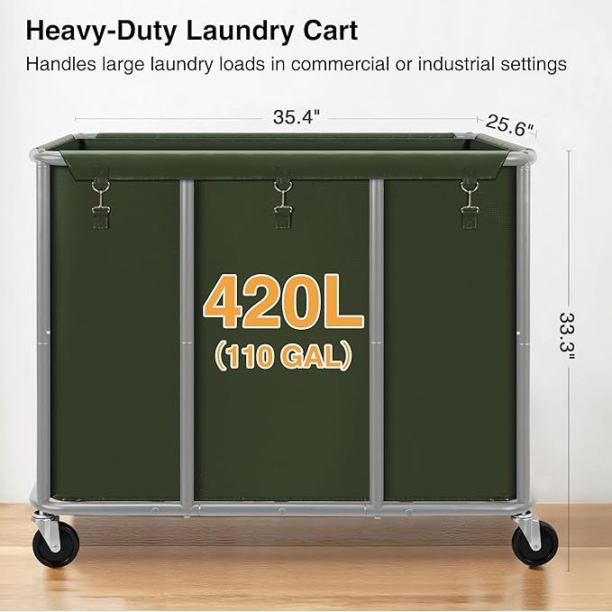 STO STO Commercial Laundry Cart with Lockable Wheels, Large 420L Industrial Rolling Laundry Hamper with Steel Frame, Removable Waterproof Bag, 400 lbs Capacity for Hotels, Hospitals, Factories, Green