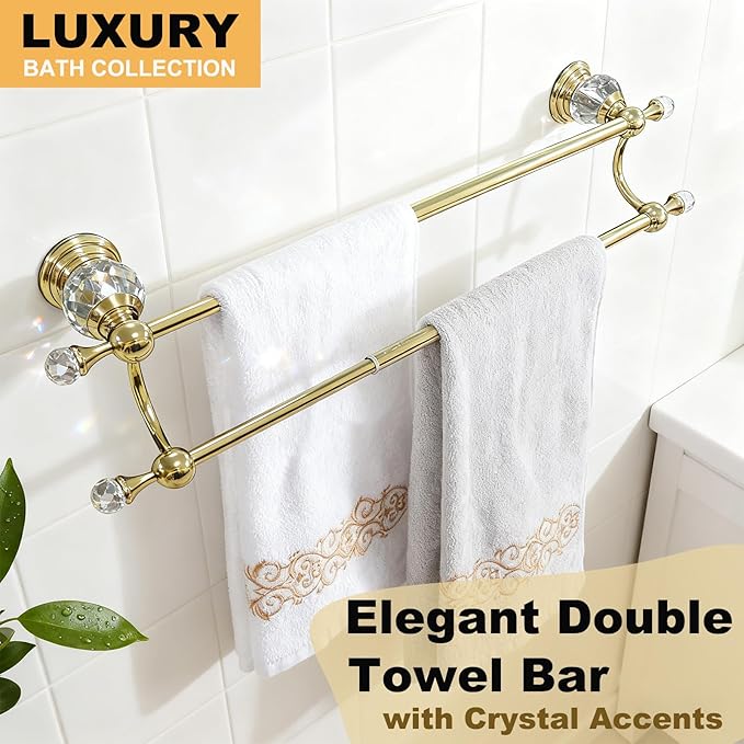 Gold Double Towel Bar with Crystal, Adjustable Towel Racks for Bathroom Wall Mounted 18-30 Inches, Stainless Steel Towel Rod Holder for Modern Luxury Bathroom