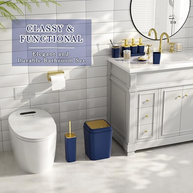 Bathroom Set - 27PC Bathroom Sets with Shower Curtain and Rugs, Blue Bathroom Set, Blue Bathroom Accessories Set with Push-lid Trash Can, Toilet Brush & Soap Dispensers