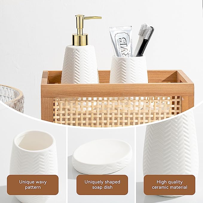 Whiet and Gold Bathroom Accessories Set, 3pcs Ceramic Farmhouse Decor, Complete countertop Bathroom Decor with soap Dispenser，Toothbrush Holder and soap Dish for Stylish Bathroom Organization