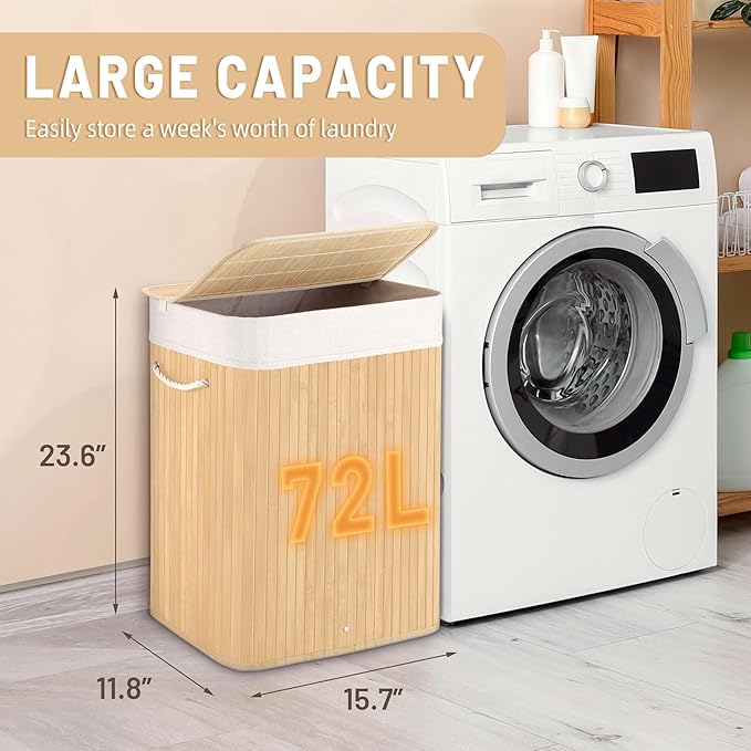 Aliphon 72L Slim Laundry Hamper with Lid, Foldable Bamboo Clothes Laundry Basket with Handles, Removable and Machine Washable Liner, for Bedroom, Bathroom, Dorm, Natural Beige