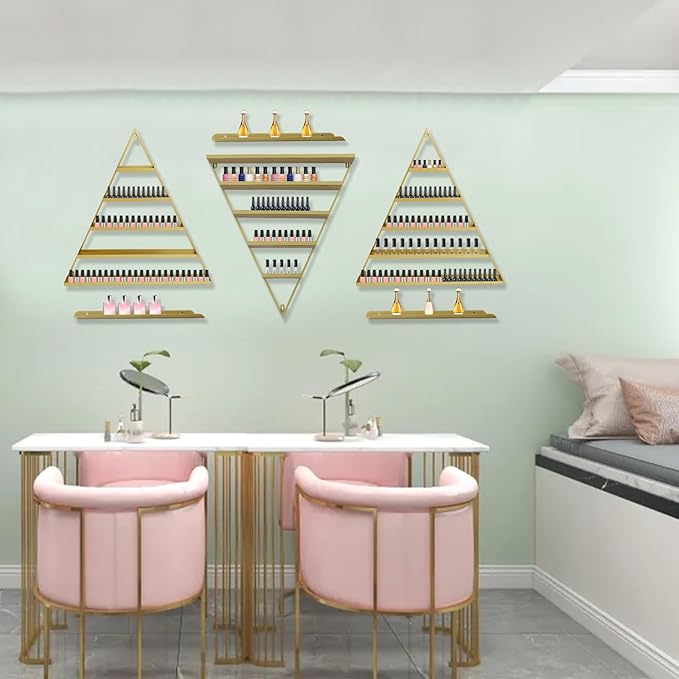 5 Tier Wall-Mounted Metal Nail Polish Display Rack,Simple Triangular Storage Shelves,Essential Oil and Perfume Organizers,Cosmetic Display Cases for Home Spa Nail Salon Shop (Gold)