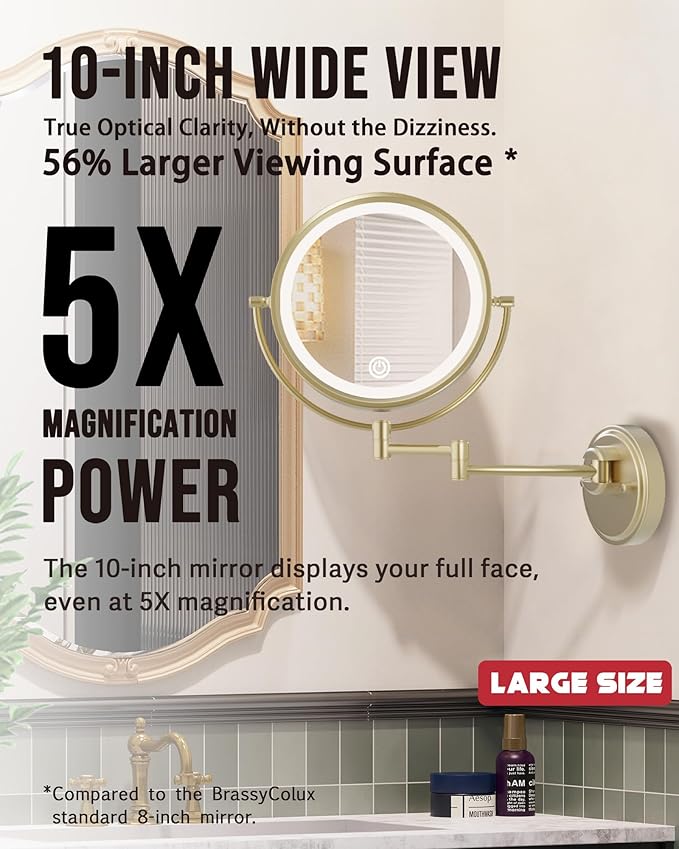 10" Wall Mount Magnifying Mirror with Light Gold HardWired, 1X/5X Double-Sided LED 3 Color Touch Dimming Extended Arm 360 Rotation Cosmetic Light up Mirror for Bathroom, Satin Brushed Gold